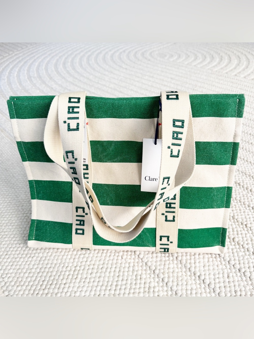 Clare V. Canvas Palm Green and Natural Stripe Ciao Tote Handbag NWT - Picture 10 of 15